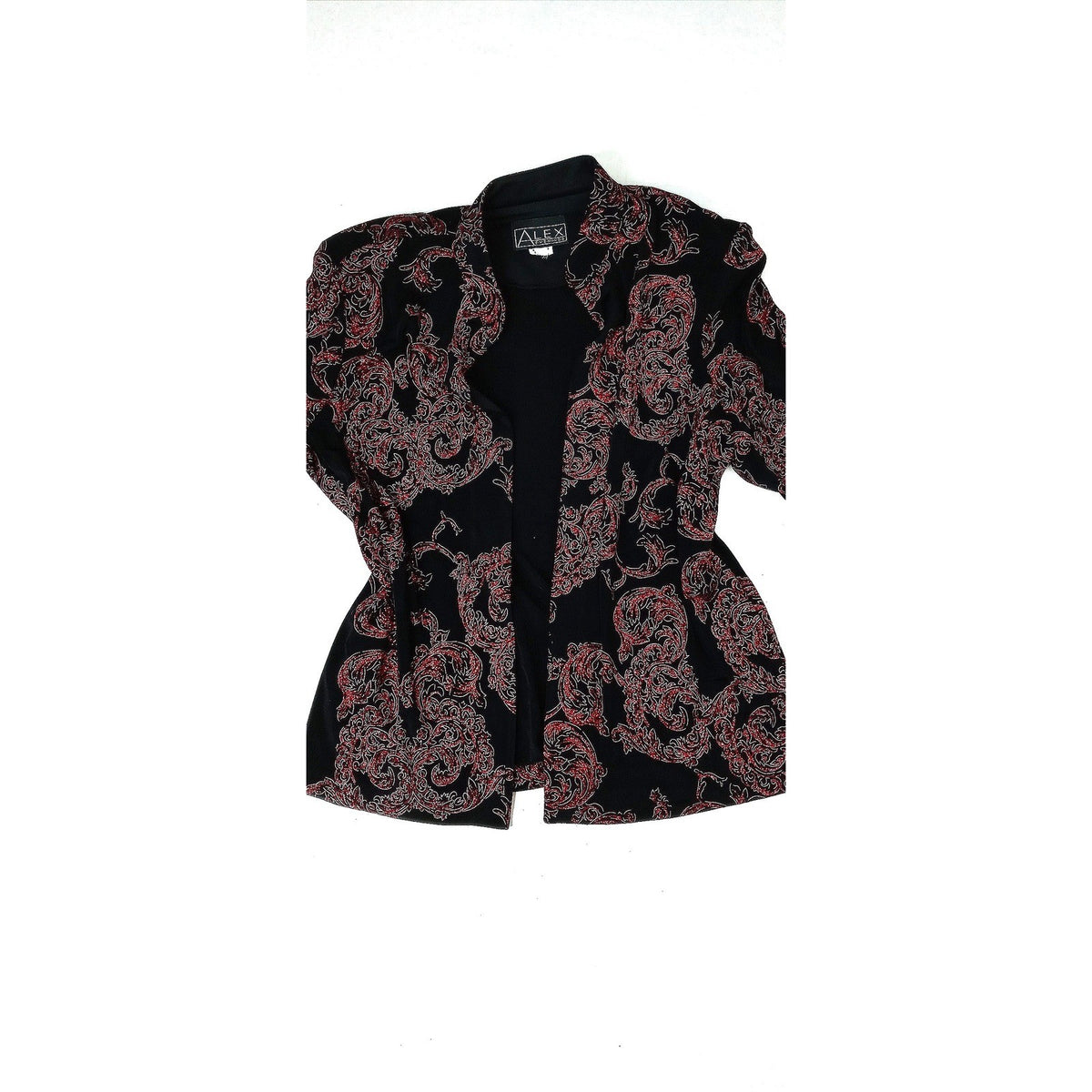 Vintage ALEX EVENINGS Black Red Paisley Sparkle Glitter Blazer Jacket Women Sz L4