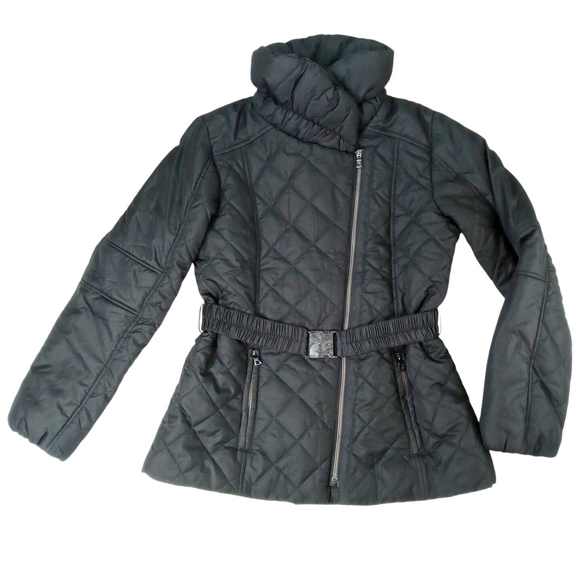 NWT Vintage Black Quilted Belted Puffer Jacket Stand Collar Full Zip Women's M0
