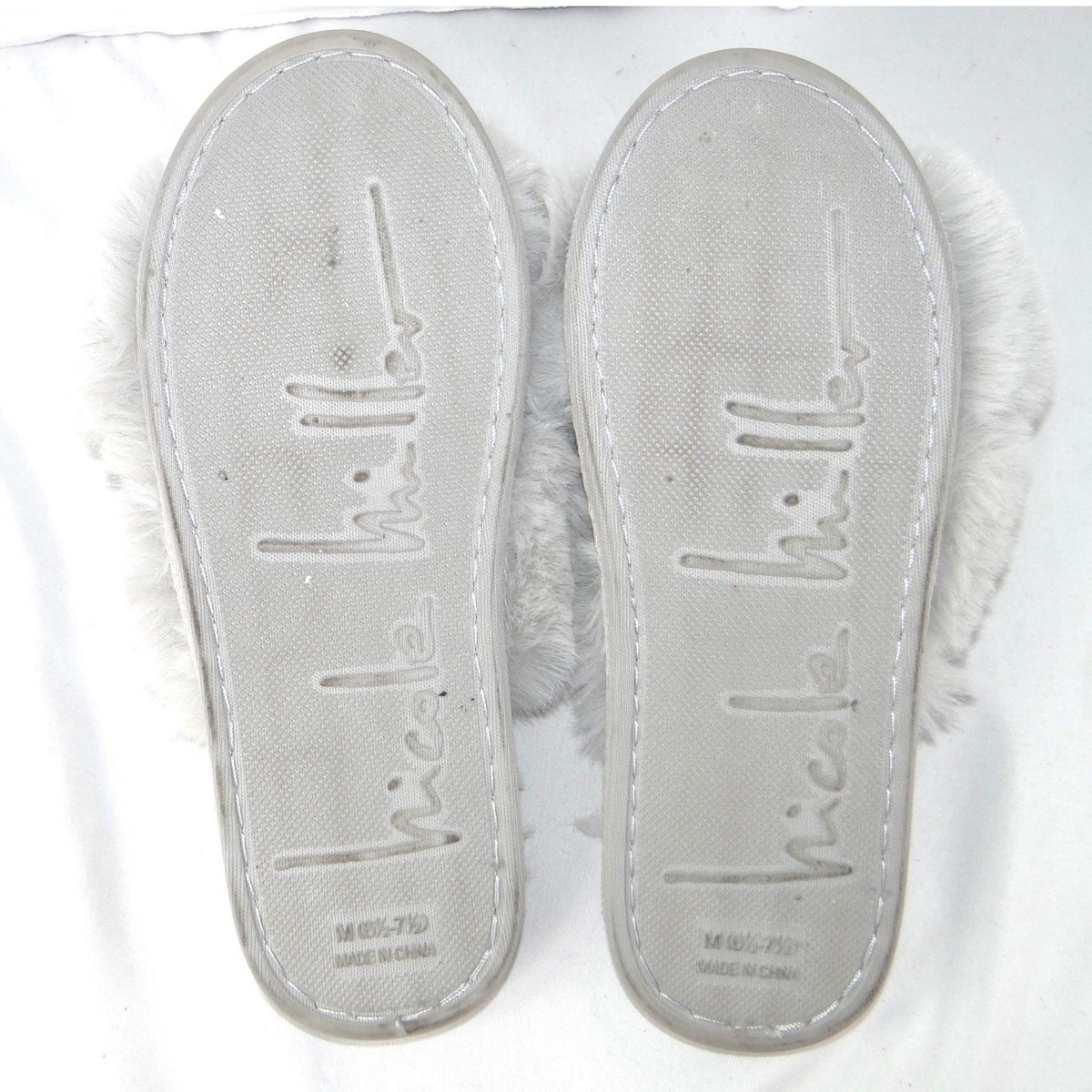Nicole Miller New York Womens Faux Fur Criss Cross Slippers Grey Size M 6.5-7.5