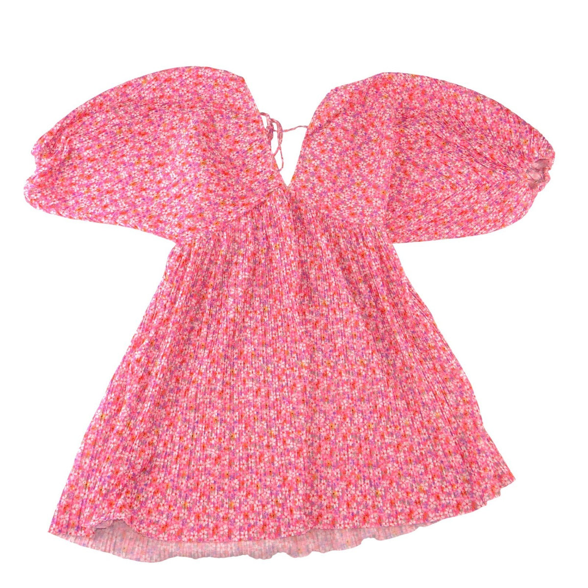 Zara Pink Floral Pleated Puff Sleeve Mini Dress V Neck Tie Back Small0