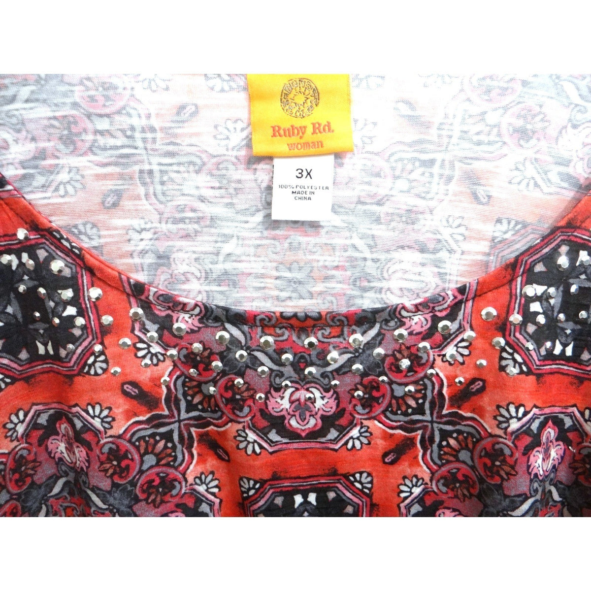 Ruby Rd Woman Orange Mandala Print Embellished Tunic Top 3X