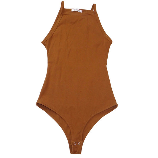 REORIA Brown High Neck Halter Ribbed Thong Bodysuit Small Sleeveless Snap Gusset0