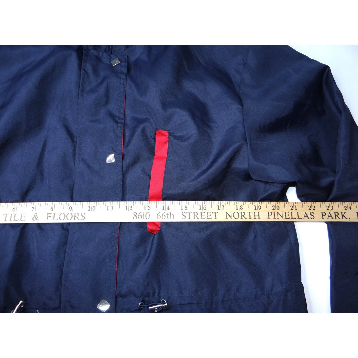 Womens Navy Blue Hooded Lightweight Rain Jacket Red Accents Size M4