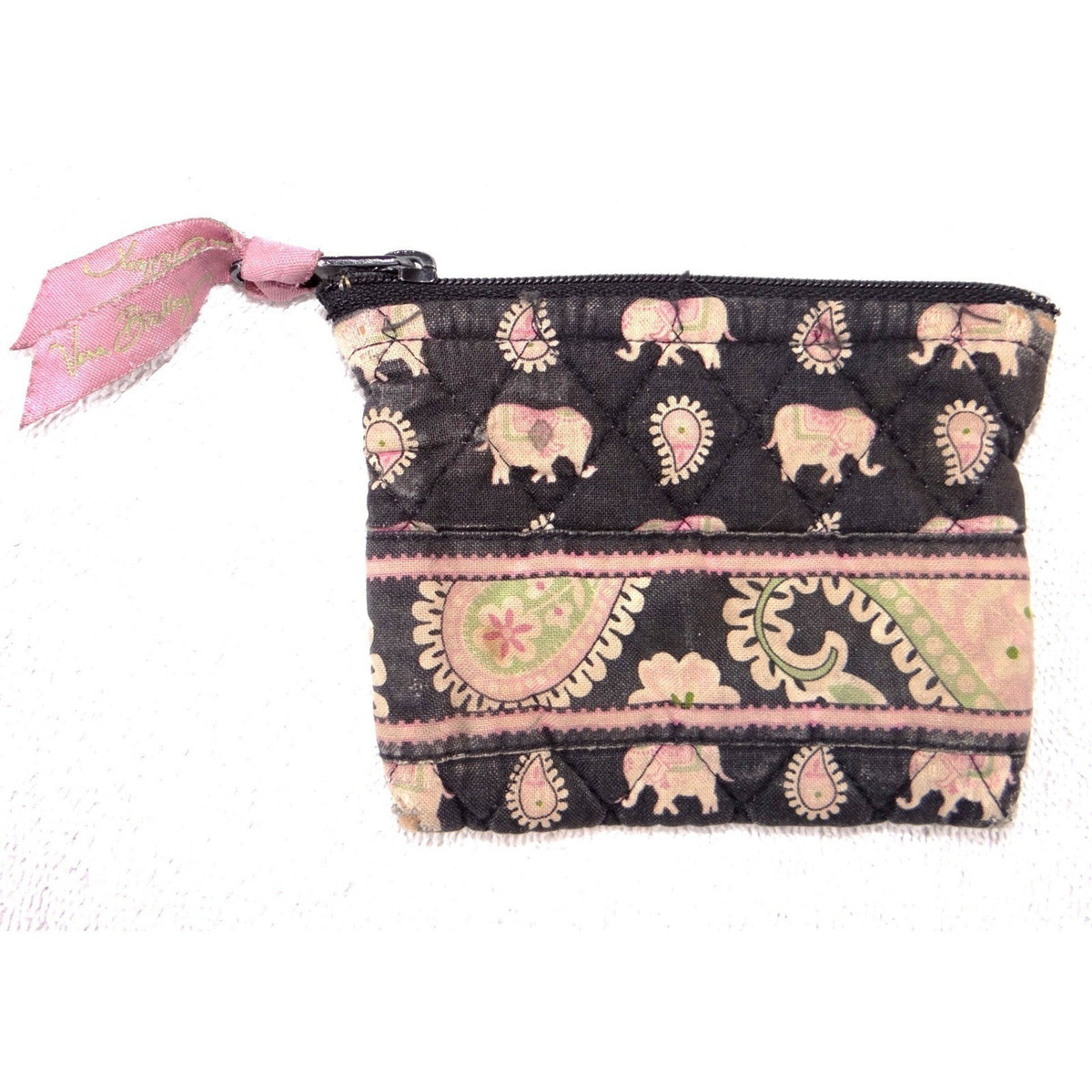 Vera Bradley Elephant Paisley Quilted Cotton Zip Coin Purse Pouch Black Pink0