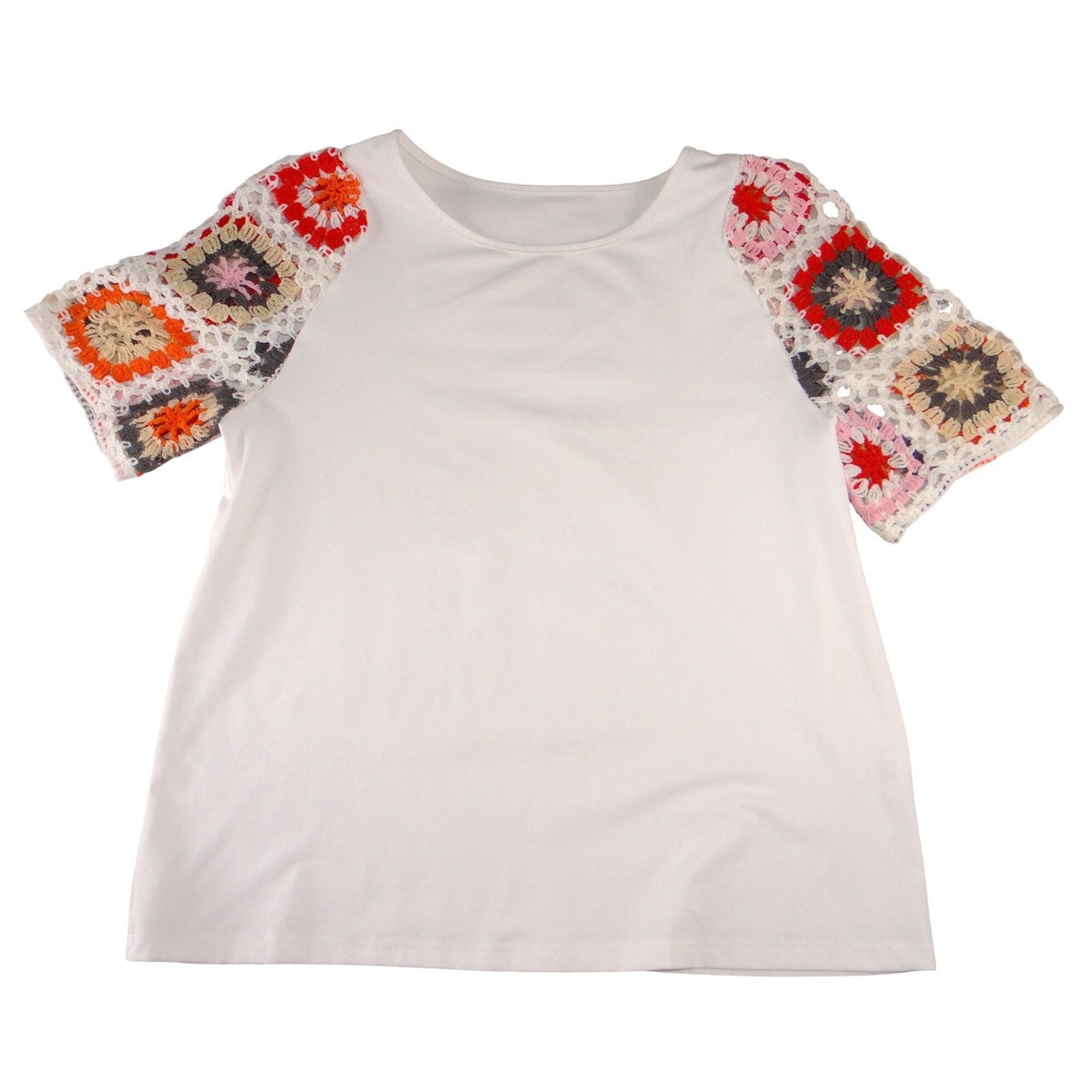 Unbranded White Crochet Granny Square Sleeve Top Womens Size M Short Sleeve Boho0