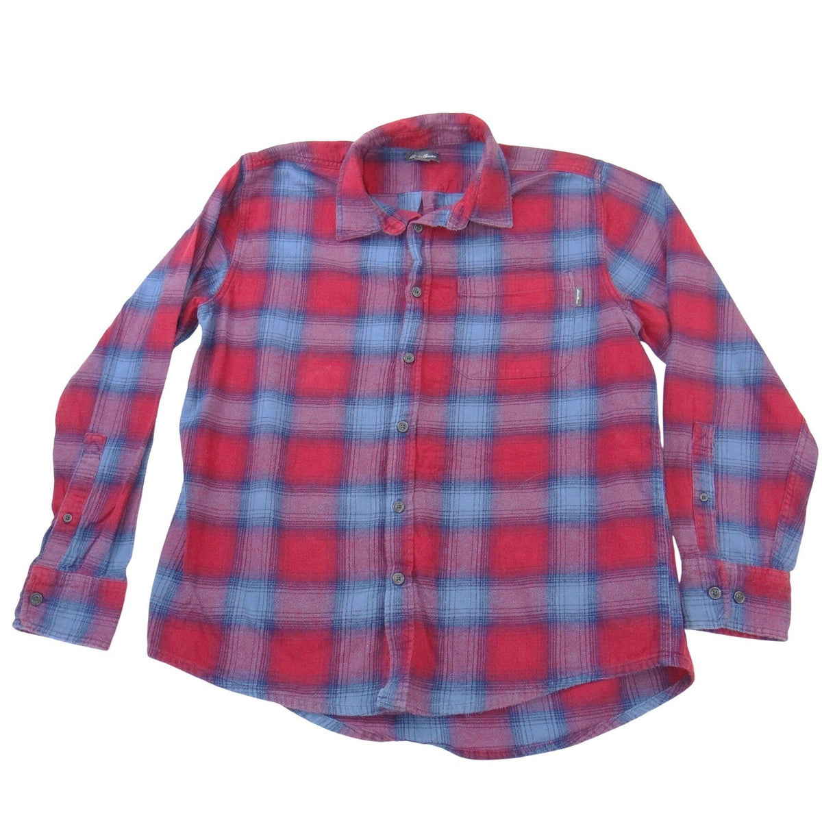 Eddie Bauer Mens Large Red Blue Plaid Flannel Button Down Long Sleeve Shirt L0