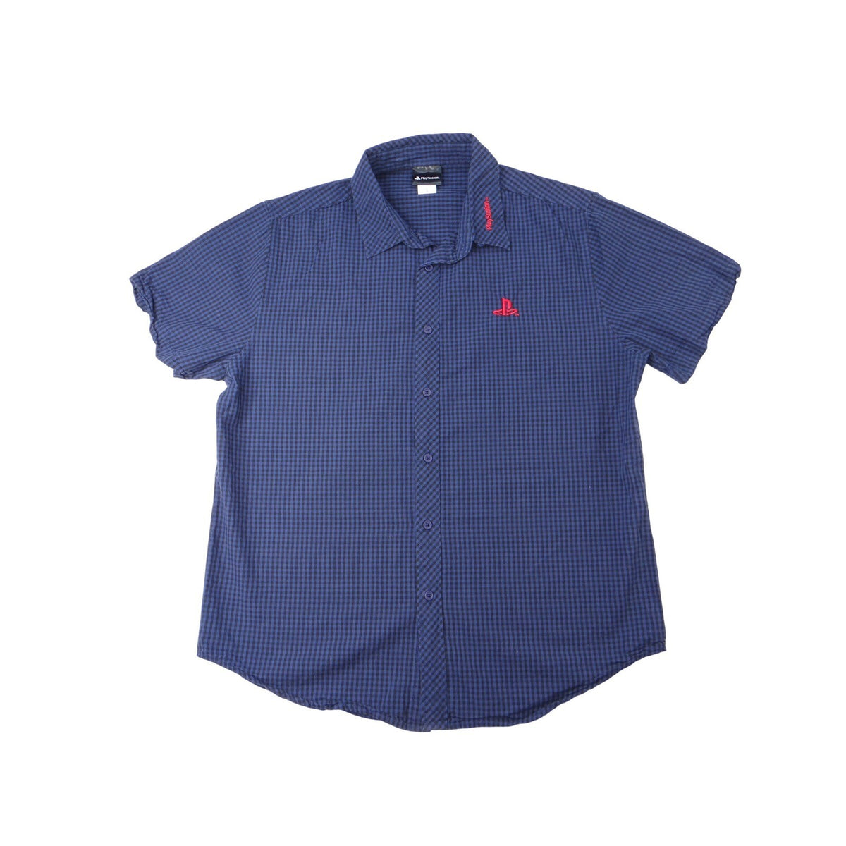 Vintage PlayStation Mens Large L Button Down Shirt Gingham Check Short Sleeve.