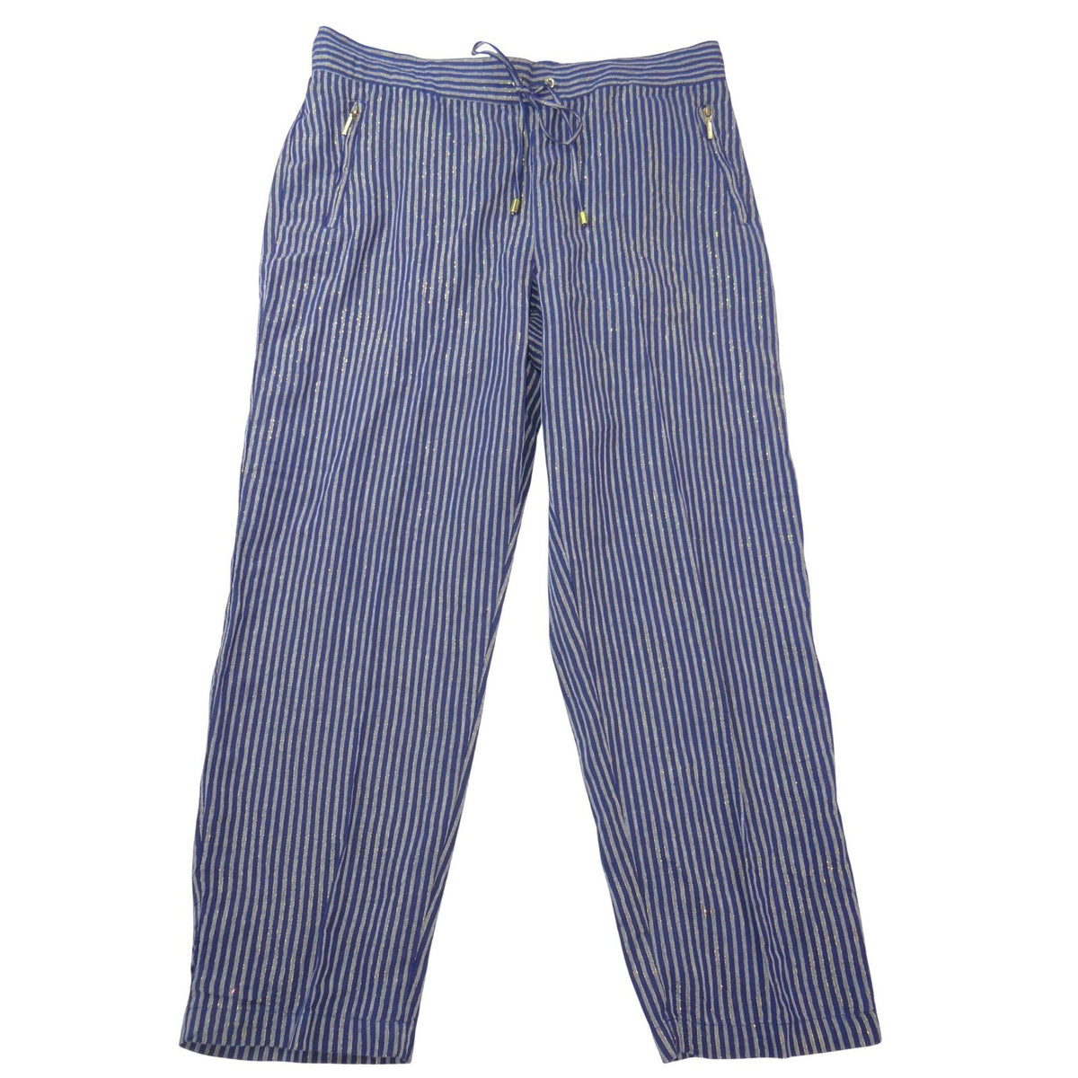 NWT-Ellen Tracy Linen Striped Drawstring Pants Navy Gold Metallic Joggers L0