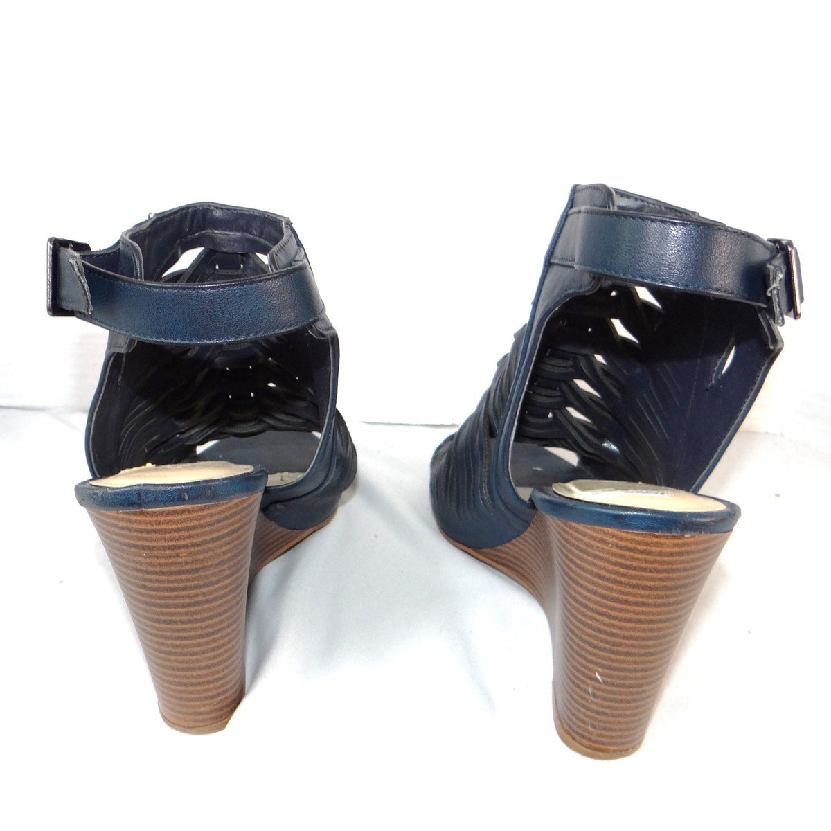 Dollhouse Snaffu Navy Blue Woven Caged Wedge Sandals Womens 10W Open Toe Buckle4