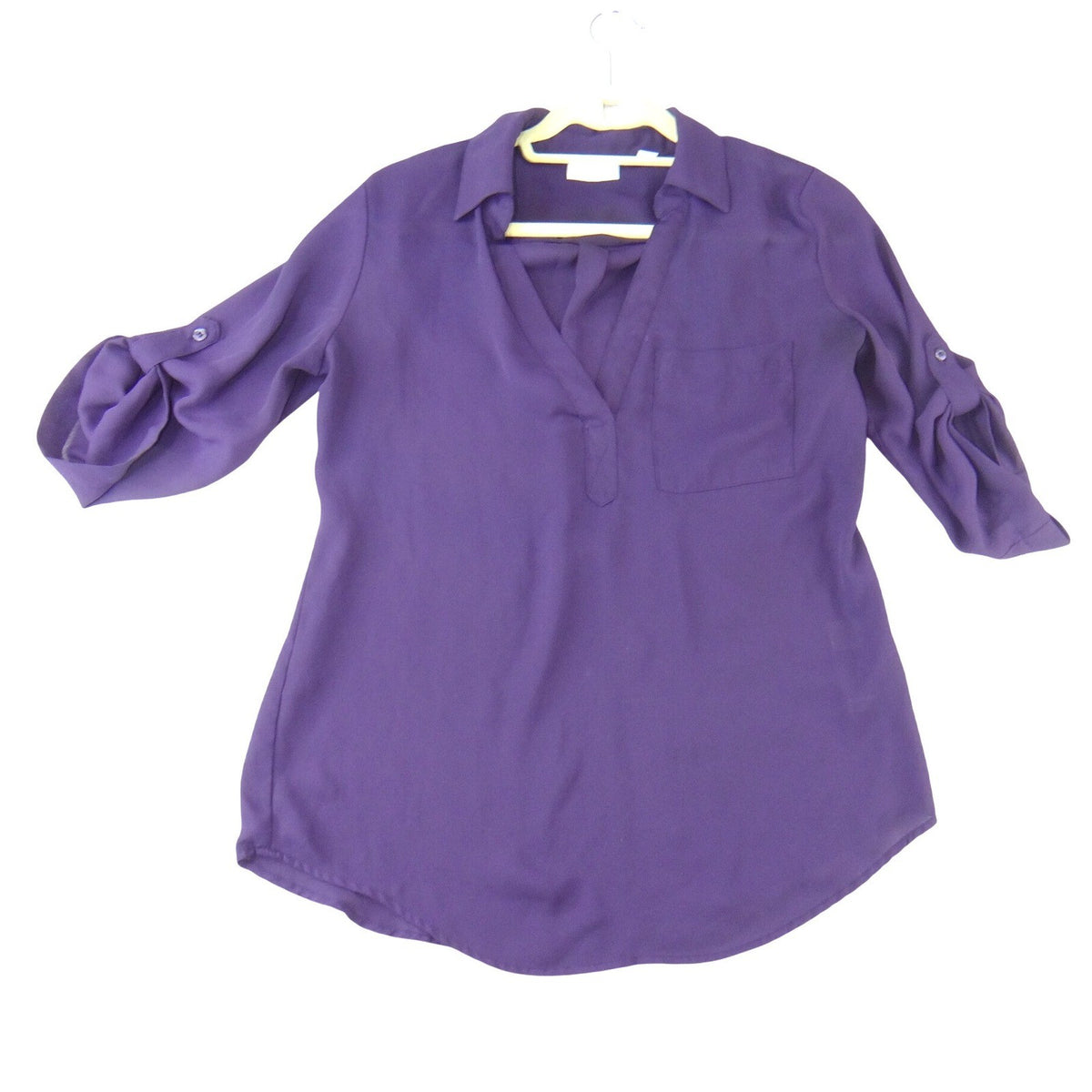 New York & Company Purple Roll Tab Sleeve Split V Neck Blouse Small0