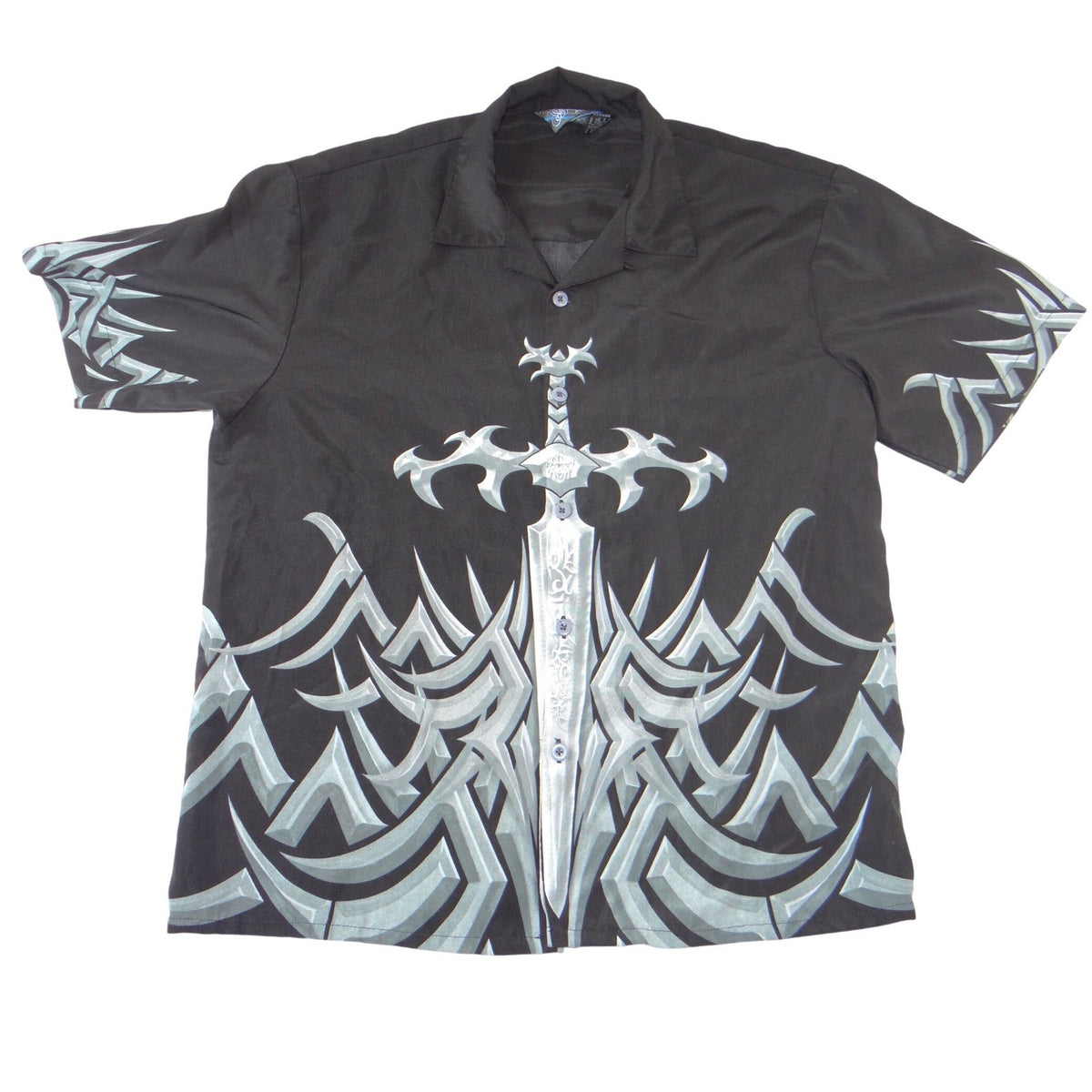 Sapphire Lounge Mens XL Black Silver Sword Tribal Graphic Button Down Shirt Y2K0