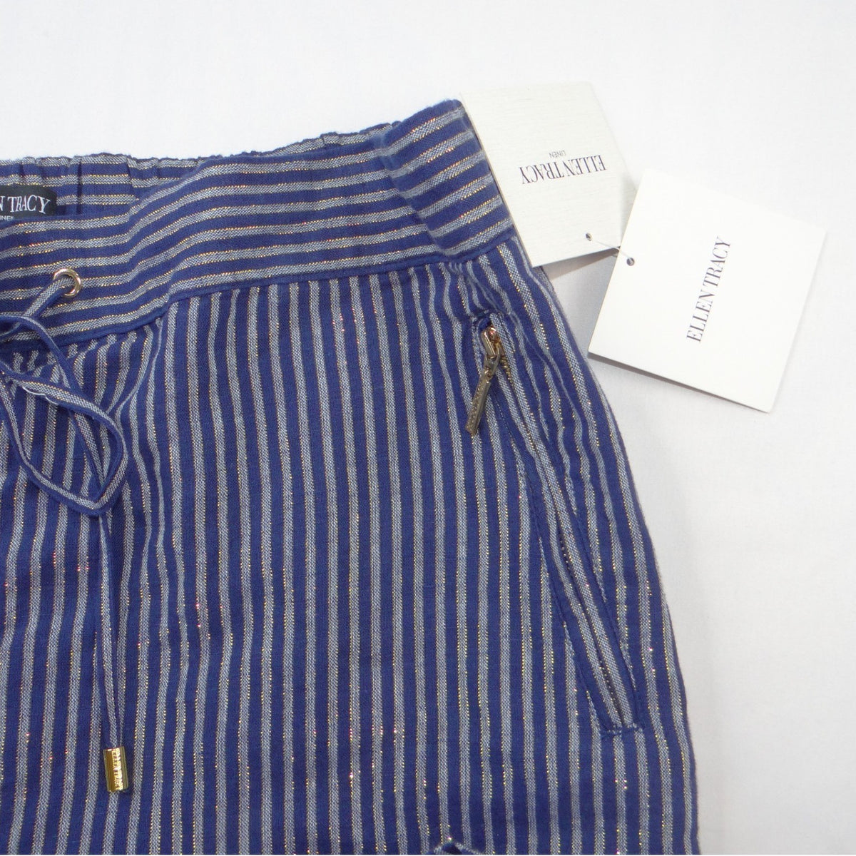 NWT-Ellen Tracy Linen Striped Drawstring Pants Navy Gold Metallic Joggers L4