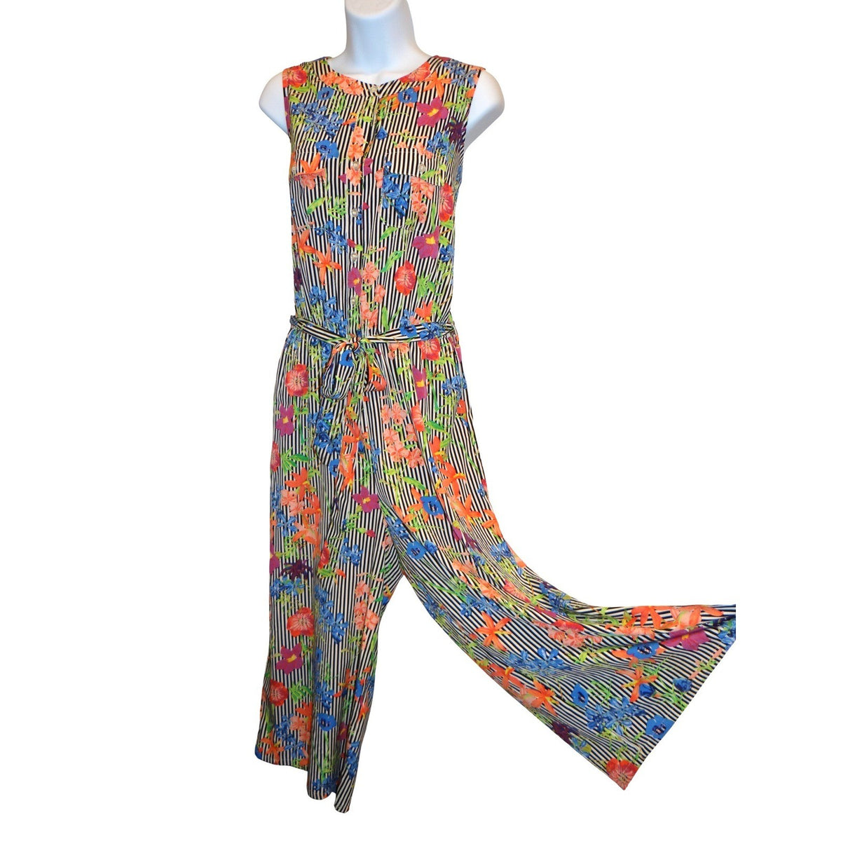 SPENSE Black White Stripe Floral Print Maxi Jumpsuit Women's M Sleeveless Belted3