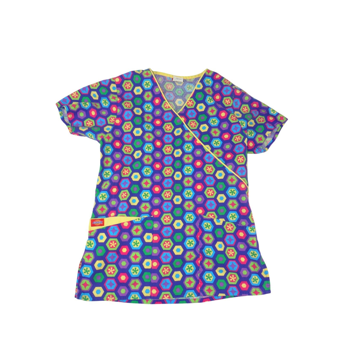 Dickies Womens XS Scrub Top Purple Geometric Hexagon Mock Wrap V Neck Back Tie0