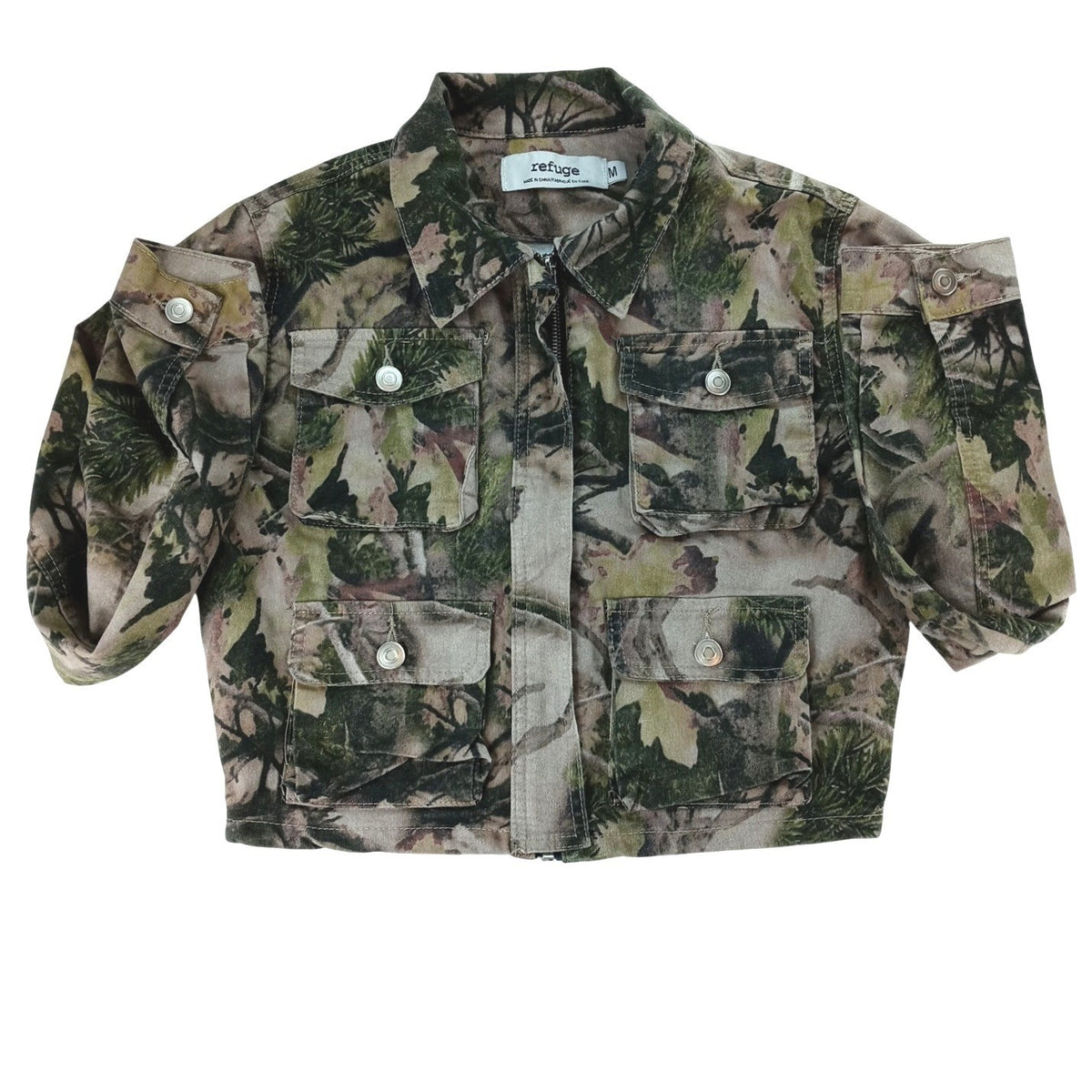 Refuge Camouflage Cropped Denim Jacket Women Size M Utility Pockets Casual2