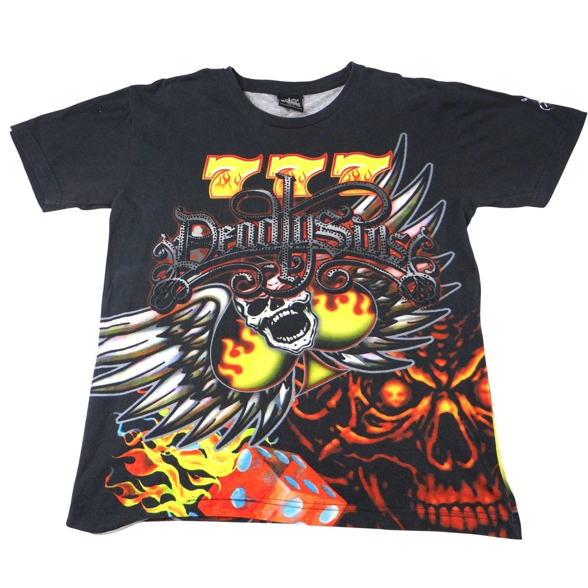 Deadly Sins Graphic T Shirt Black Red Skull Dice Flames Tattoo Punk Rock Mens L