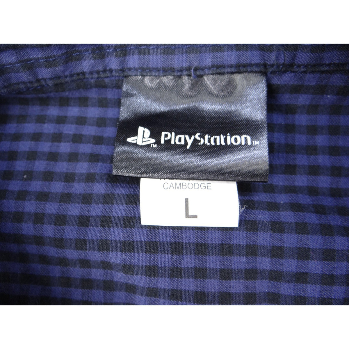 Vintage PlayStation Mens Large L Button Down Shirt Gingham Check Short Sleeve.
