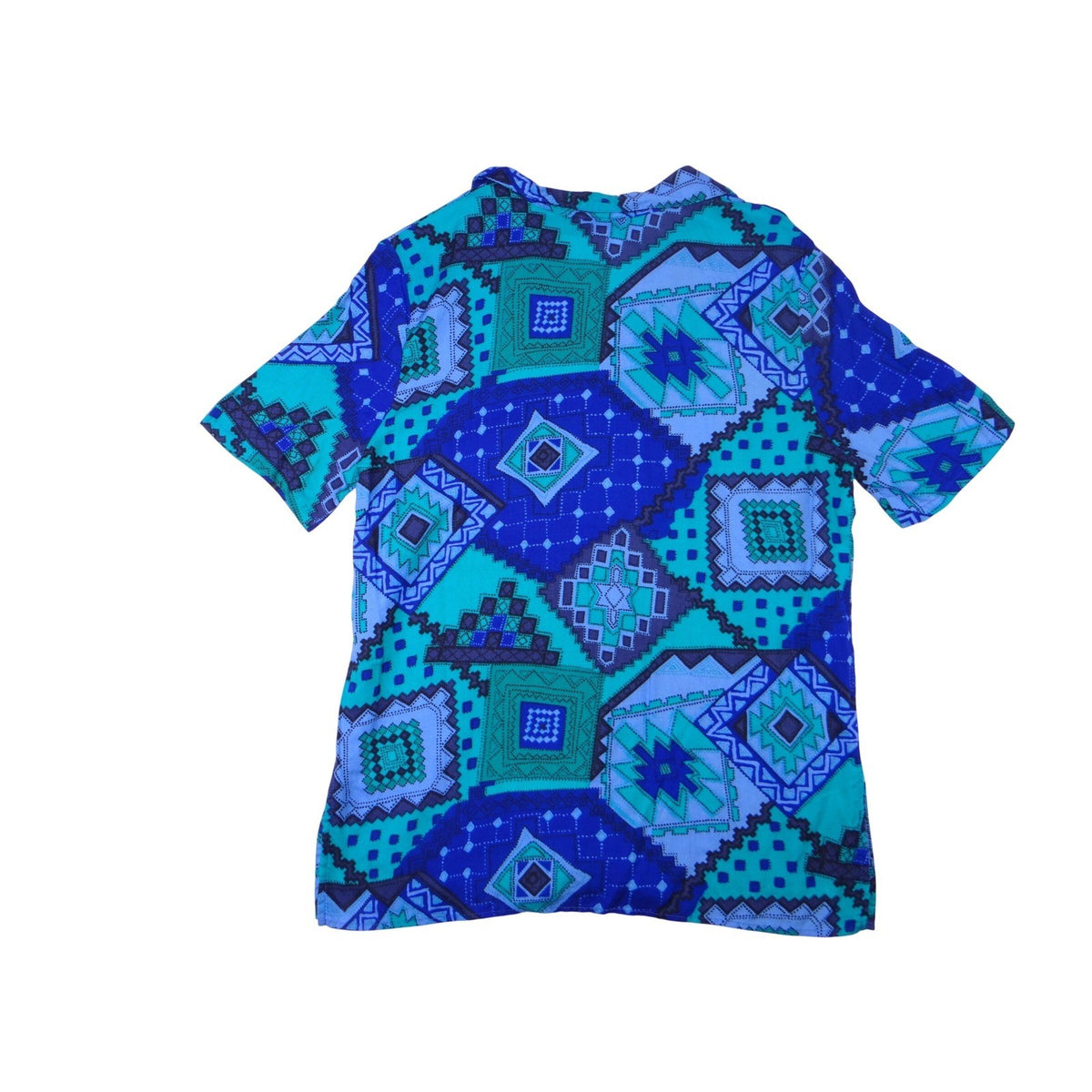 VTG Maygene Geometric Print Short Sleeve Button Up Shirt Women's Size Small Blue