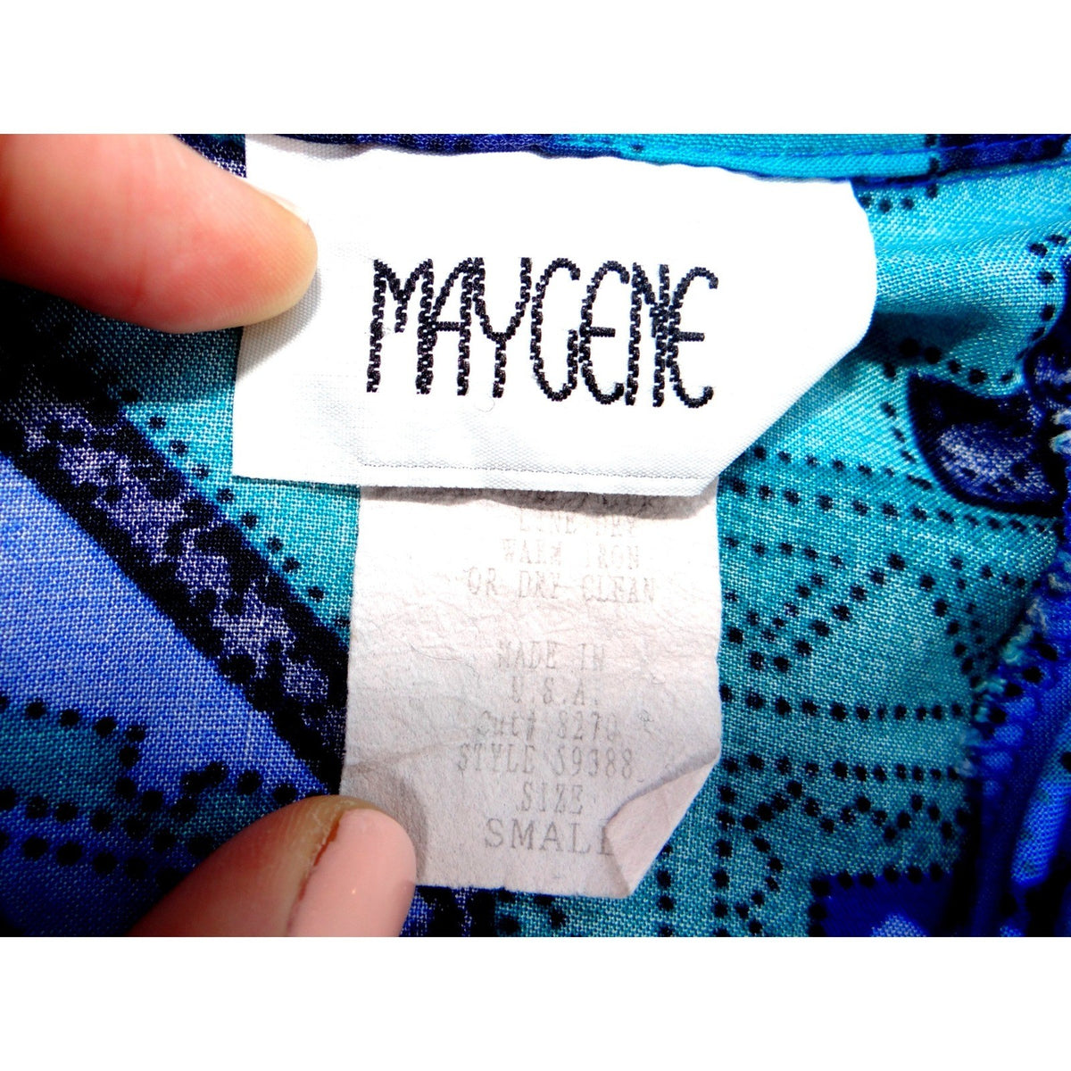 VTG Maygene Geometric Print Short Sleeve Button Up Shirt Women's Size Small Blue