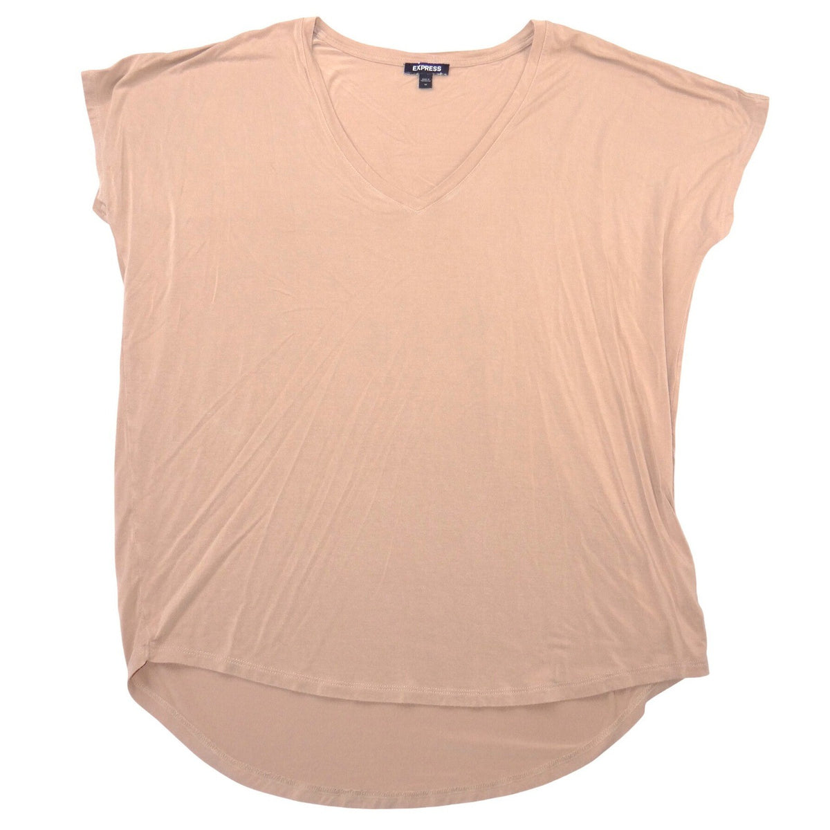 Express Womens Tan V-Neck Short Sleeve Relaxed Fit High-Low Hem Tee Size M