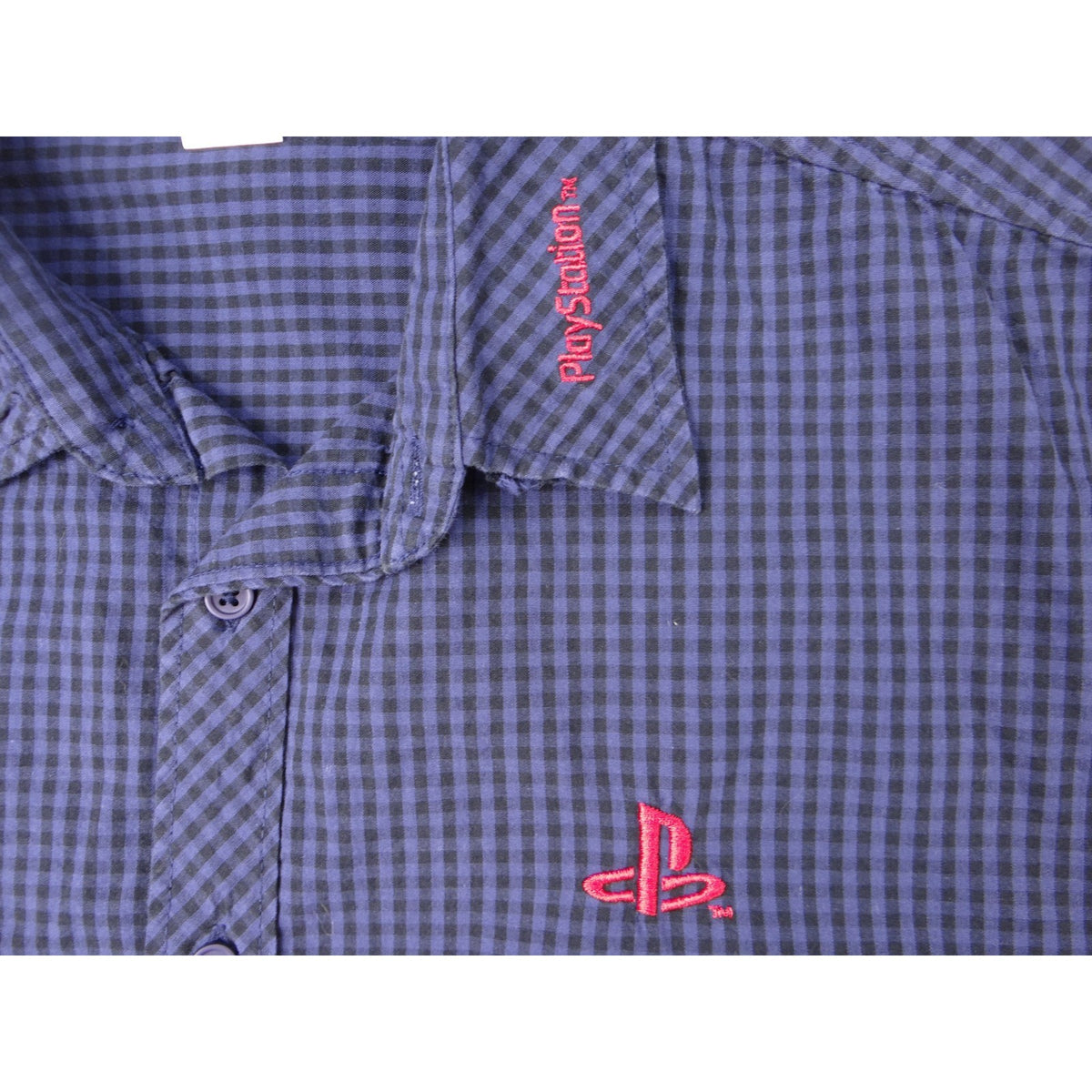 Vintage PlayStation Mens Large L Button Down Shirt Gingham Check Short Sleeve.