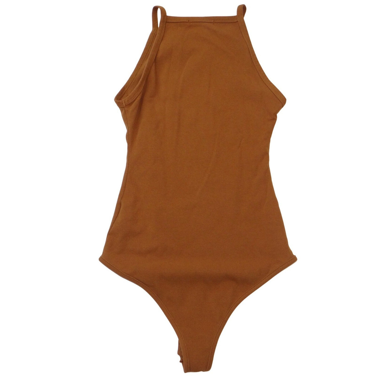 REORIA Brown High Neck Halter Ribbed Thong Bodysuit Small Sleeveless Snap Gusset