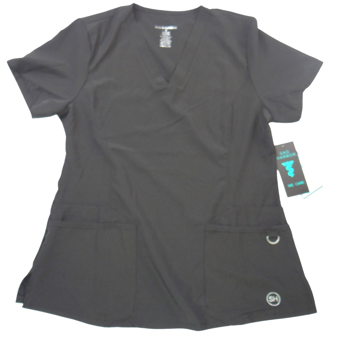 NWT Sag Harbor We Care Black V Neck Scrub Top Medical Uniform 4 Way Stretch Med0