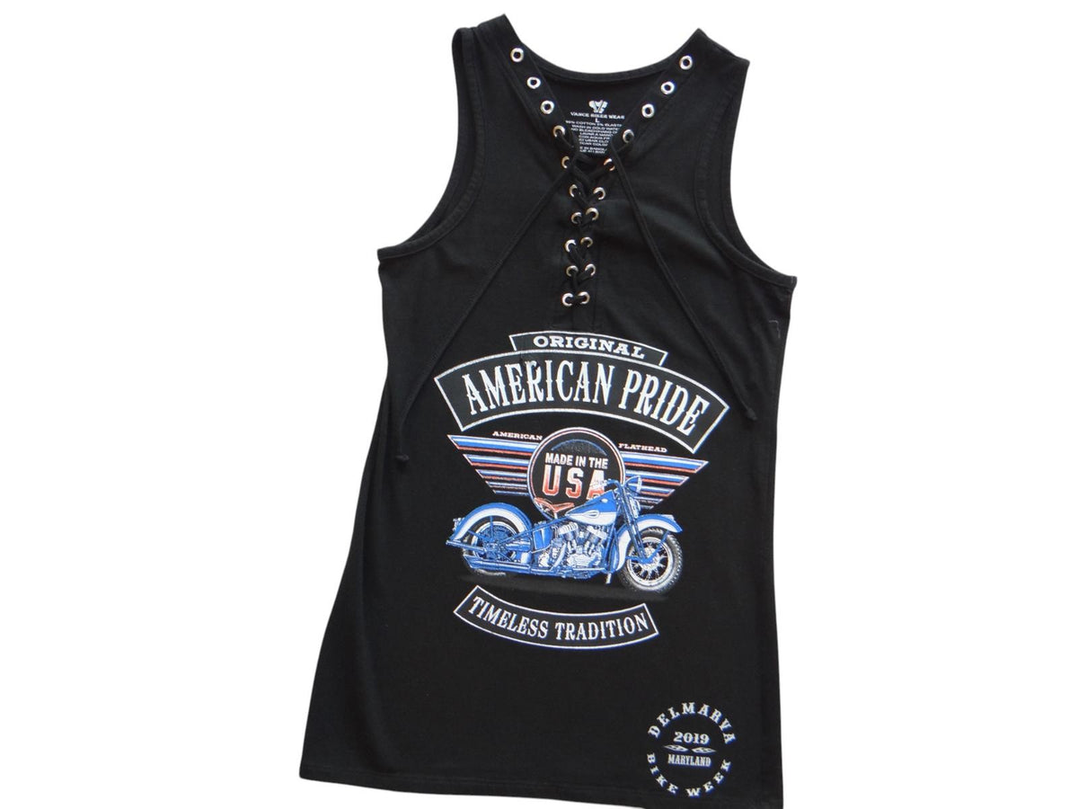 Black Lace Up Front American Pride Motorcycle Tank Top0