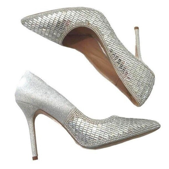 De Blossum Collection Stunning Unique Silver Mirror Mosaic High Heel Pumps Sz 102