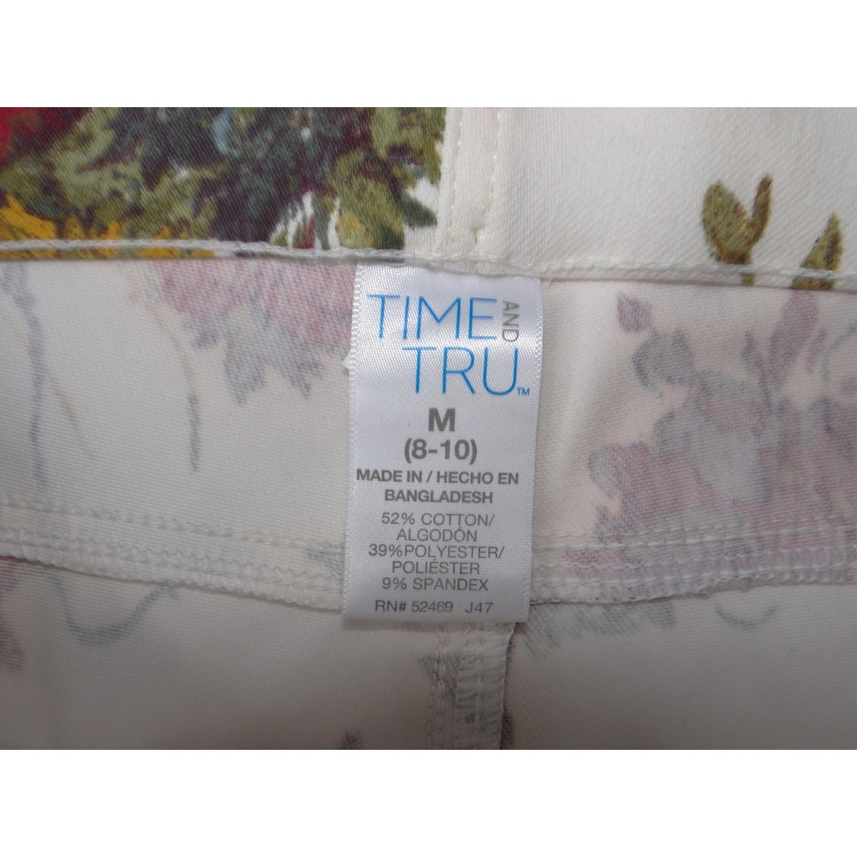 Time and Tru Womens Floral Skinny Pants White Red Yellow Size M 8 10 High Rise2