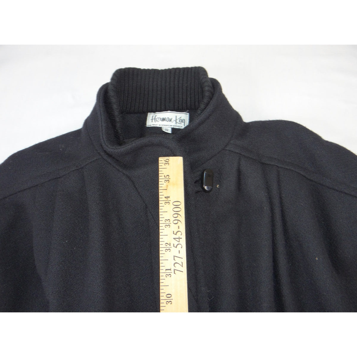 Herman Kay Vintage Black Wool Blend Dolman Sleeve Mock Neck Overcoat Womens S3
