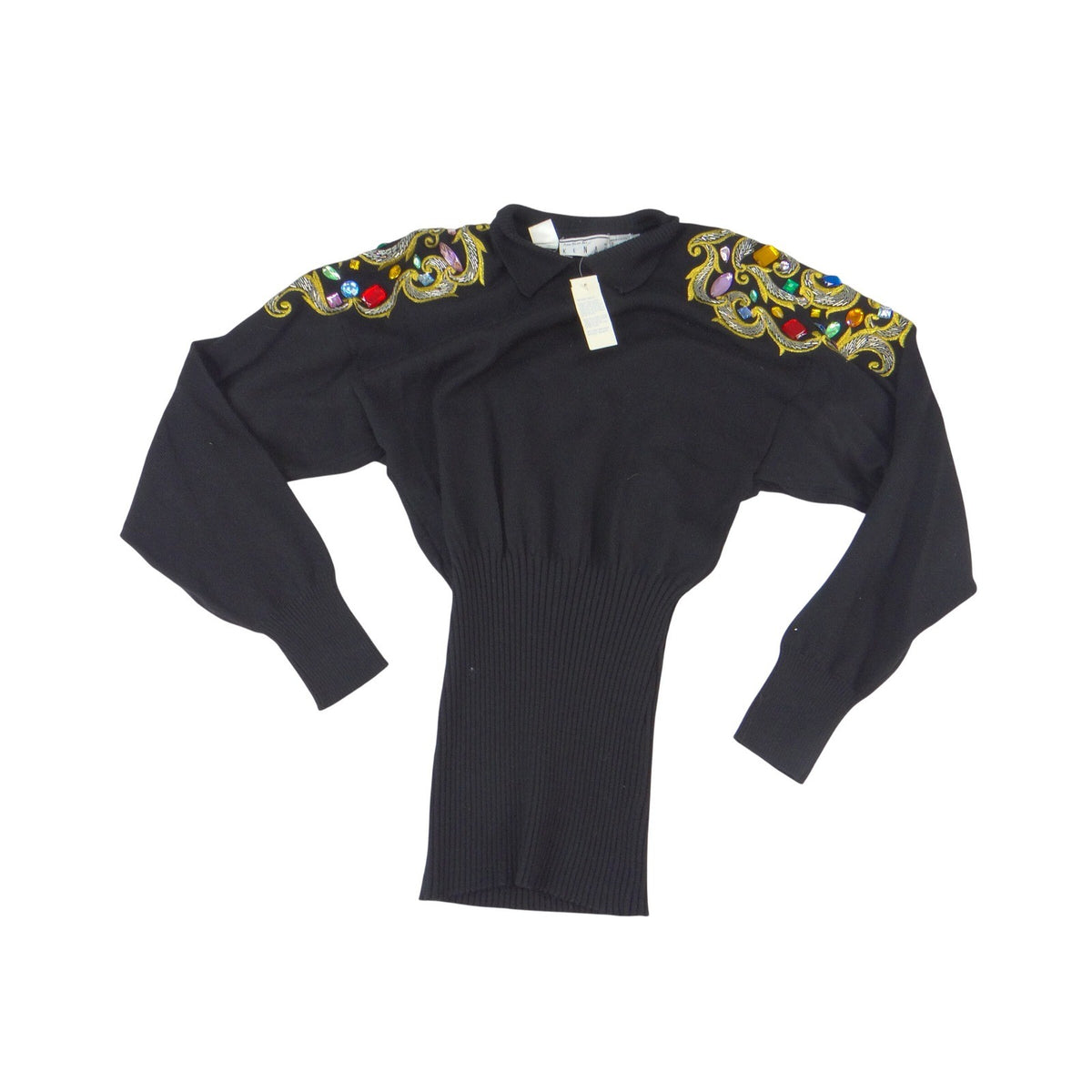 Ann Tjian for Kenar Vintage Black Lambswool Beaded Rhinestone Sweater Medium0