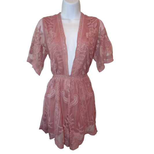 She + Sky Pink Lace Kimono Sleeve Romper Women's Small Festival Beach Cover Up