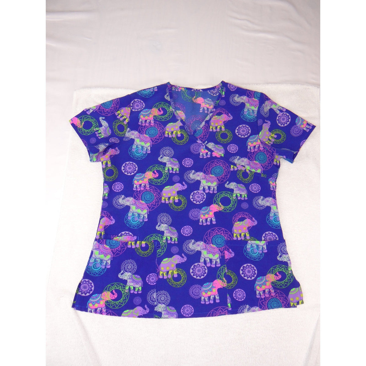 Purple Elephant V Neck Scrub Top Short Sleeve Medical Uniform Pockets0