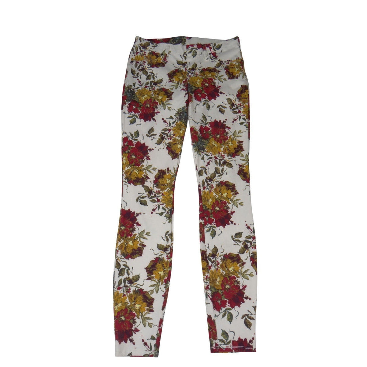 Time and Tru Womens Floral Skinny Pants White Red Yellow Size M 8 10 High Rise0