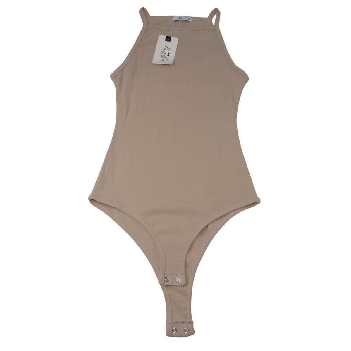 REORIA High Neck Sleeveless Thong Bodysuit Taupe Snap Closure Women's Size S