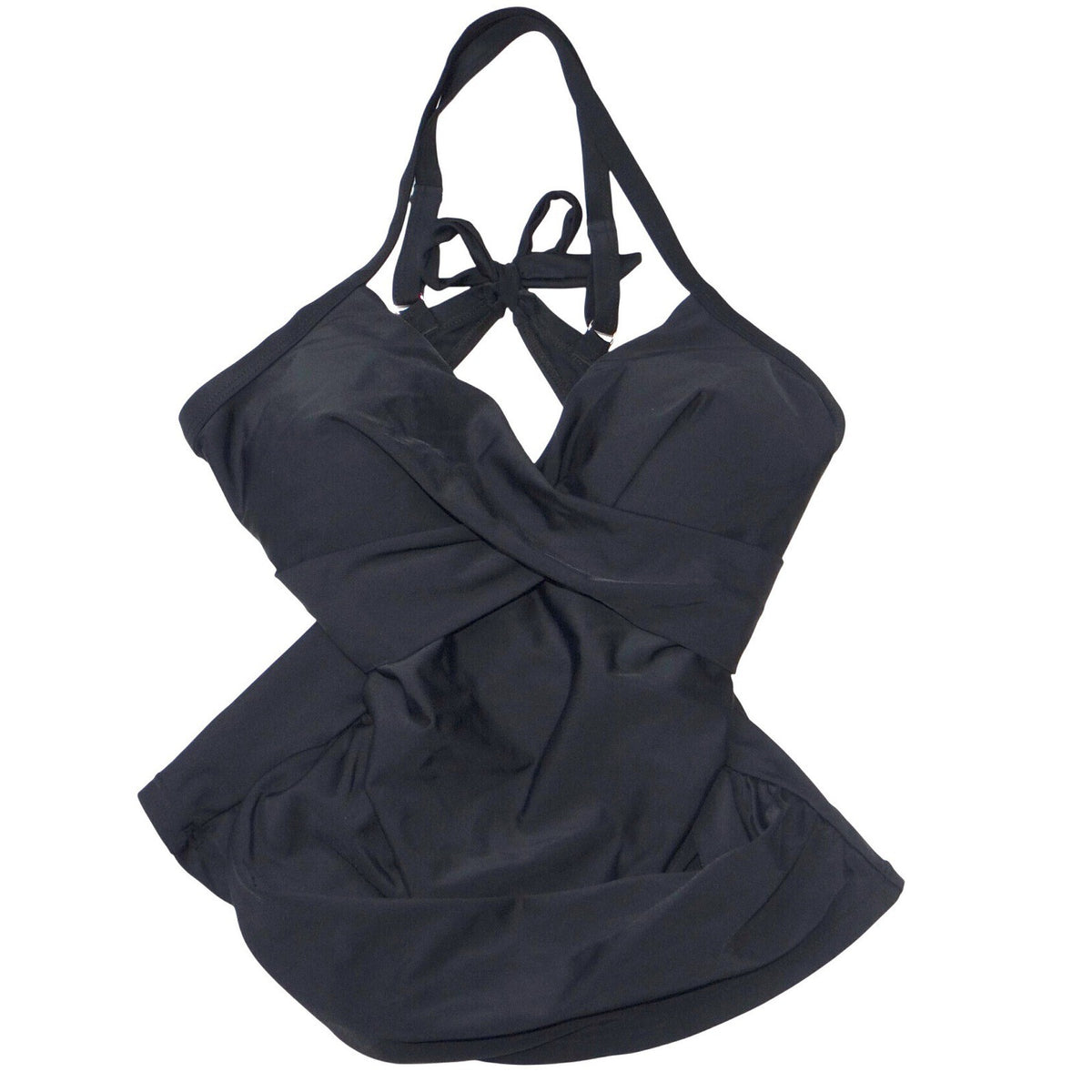 Black Wrap Front Halter Tankini Swim Top Size Medium Padded Classic Solid