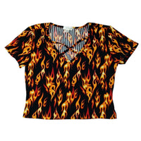 J FOR JUSTIFY Flame Print Crisscross VNeck CropTop Women Size M Black Orange Red