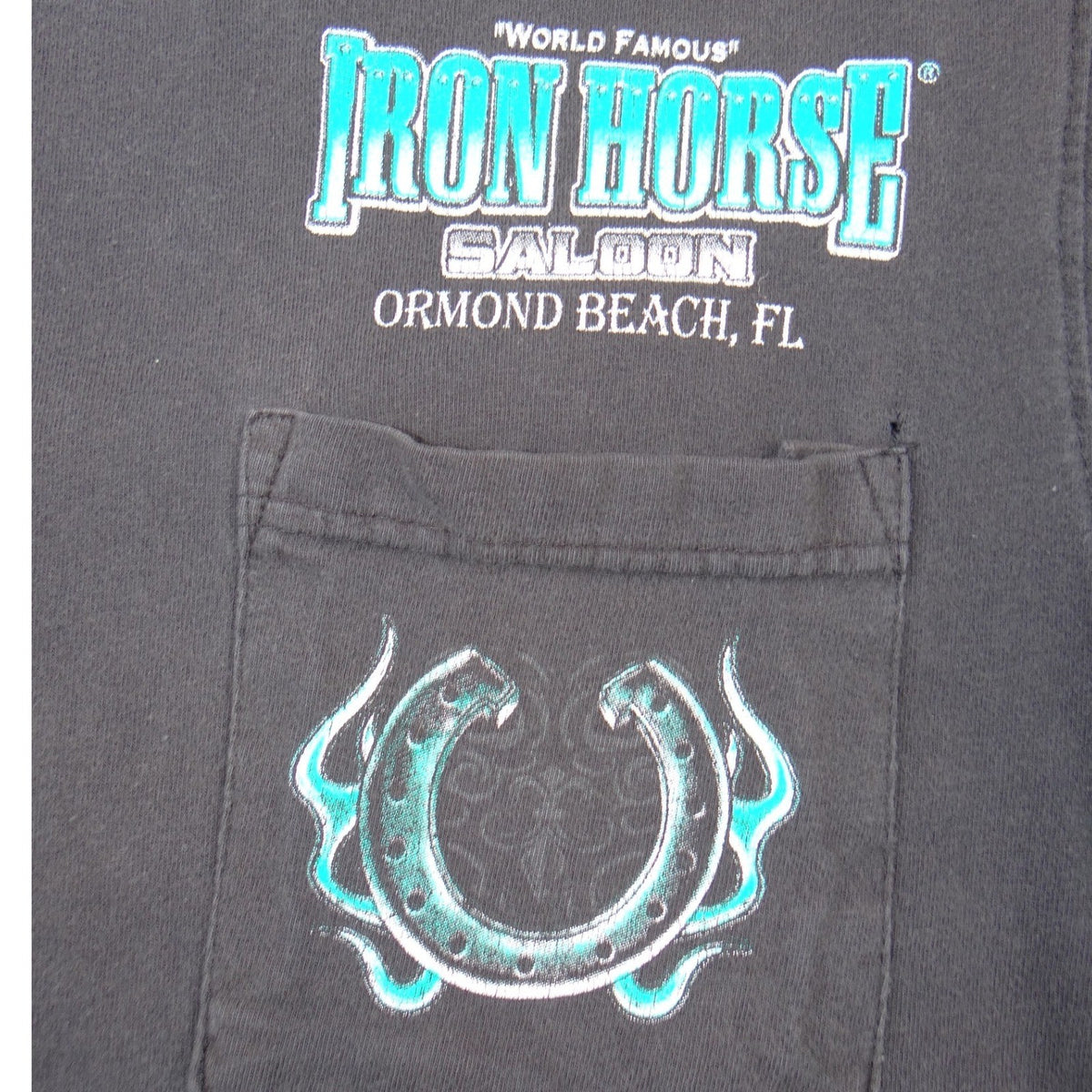 Iron Horse Saloon Ormond Beach FL Biker Pocket T-Shirt Mens Black Teal Graphic2