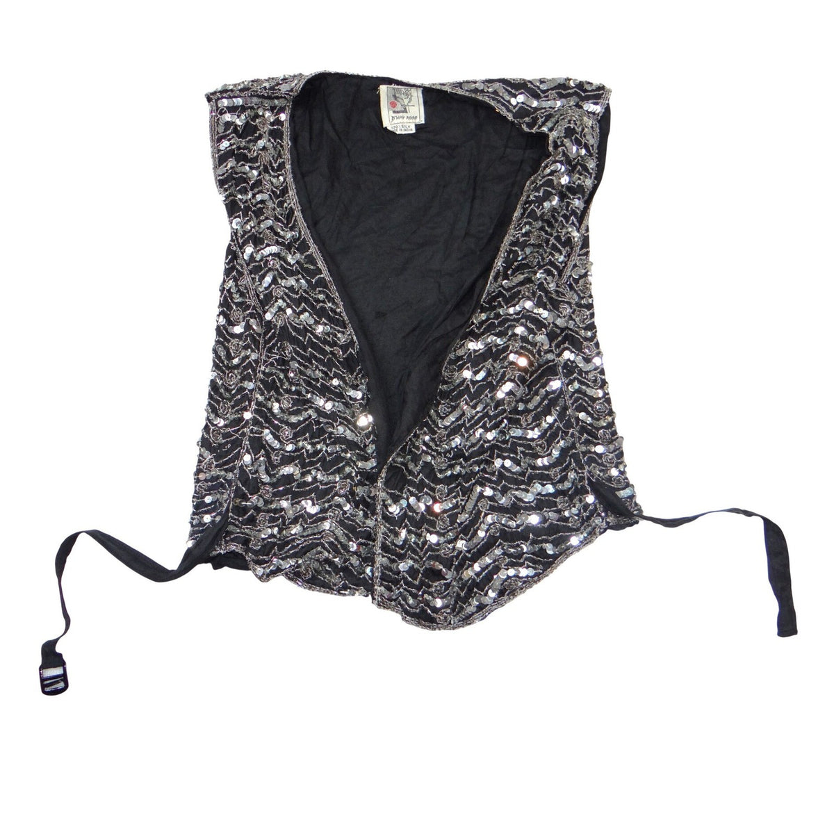 Vintage B'way Rose Vintage 100% Silk Beaded Sequin Vest Black Silver Chevron ish0