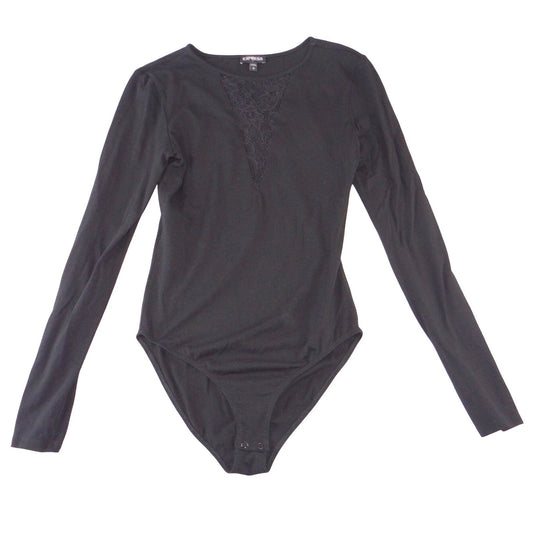 Express Womens Black Lace V-Neck Long Sleeve Snap Bottom Bodysuit Size S0