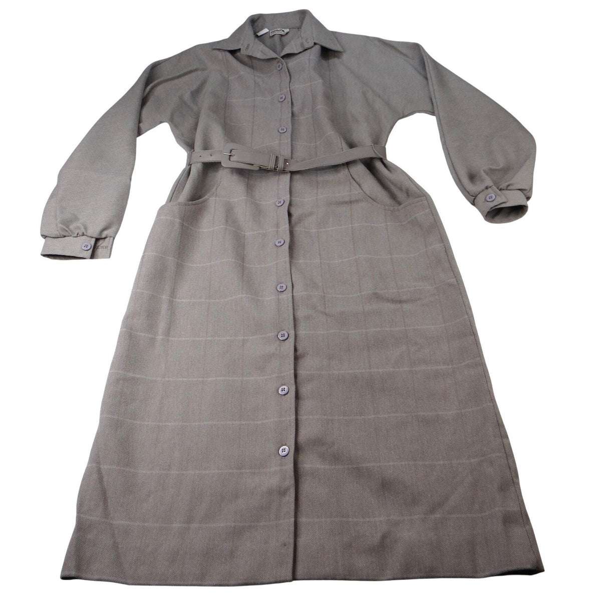 Vintage Country Miss Grey Plaid Button Front Belted Dress Women's Size 8 Wool0