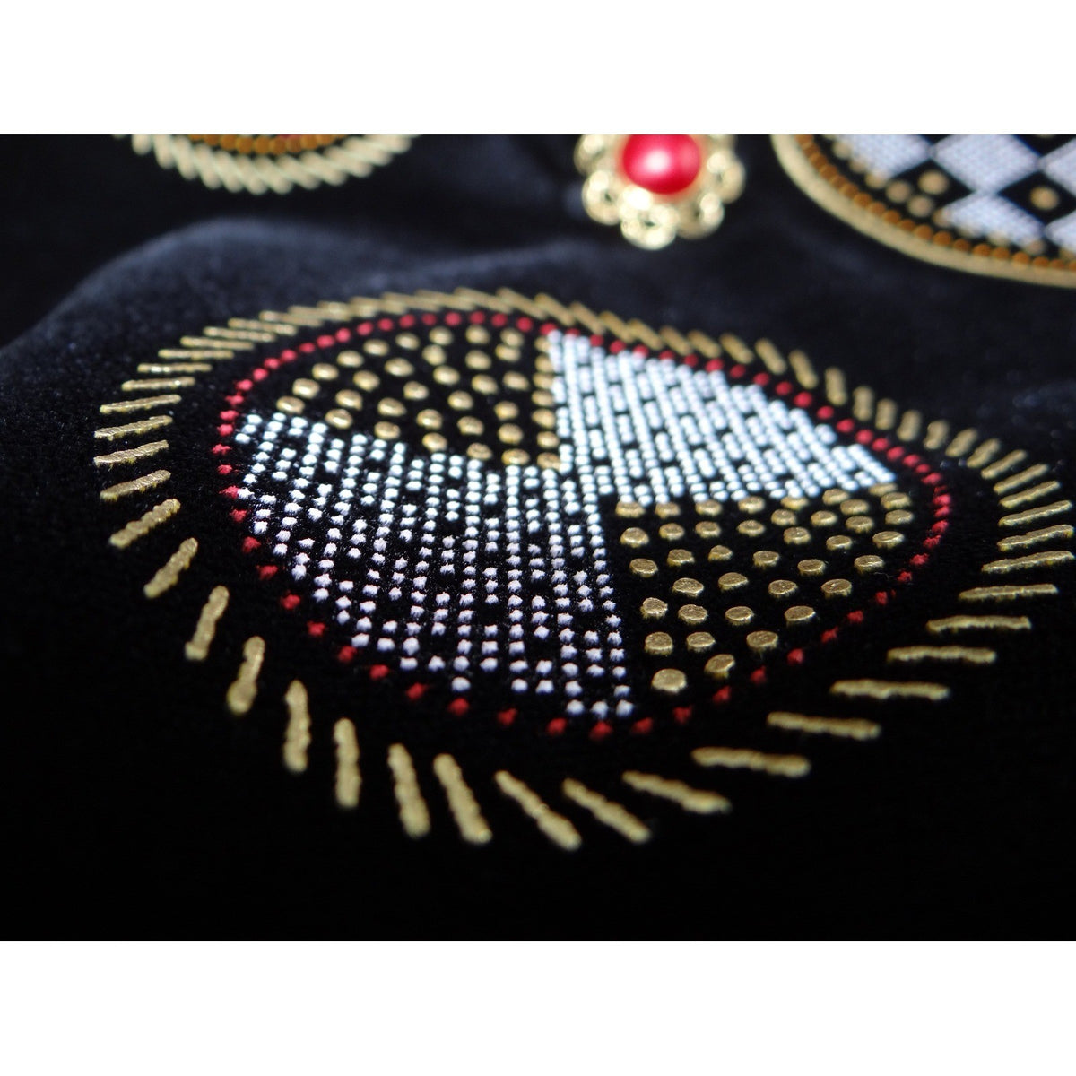 Stunning Vintage Black Velvet Geometric Print Vest with Red Gem Buttons3