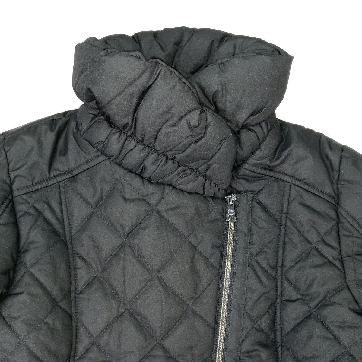 NWT Vintage Black Quilted Belted Puffer Jacket Stand Collar Full Zip Women's M1