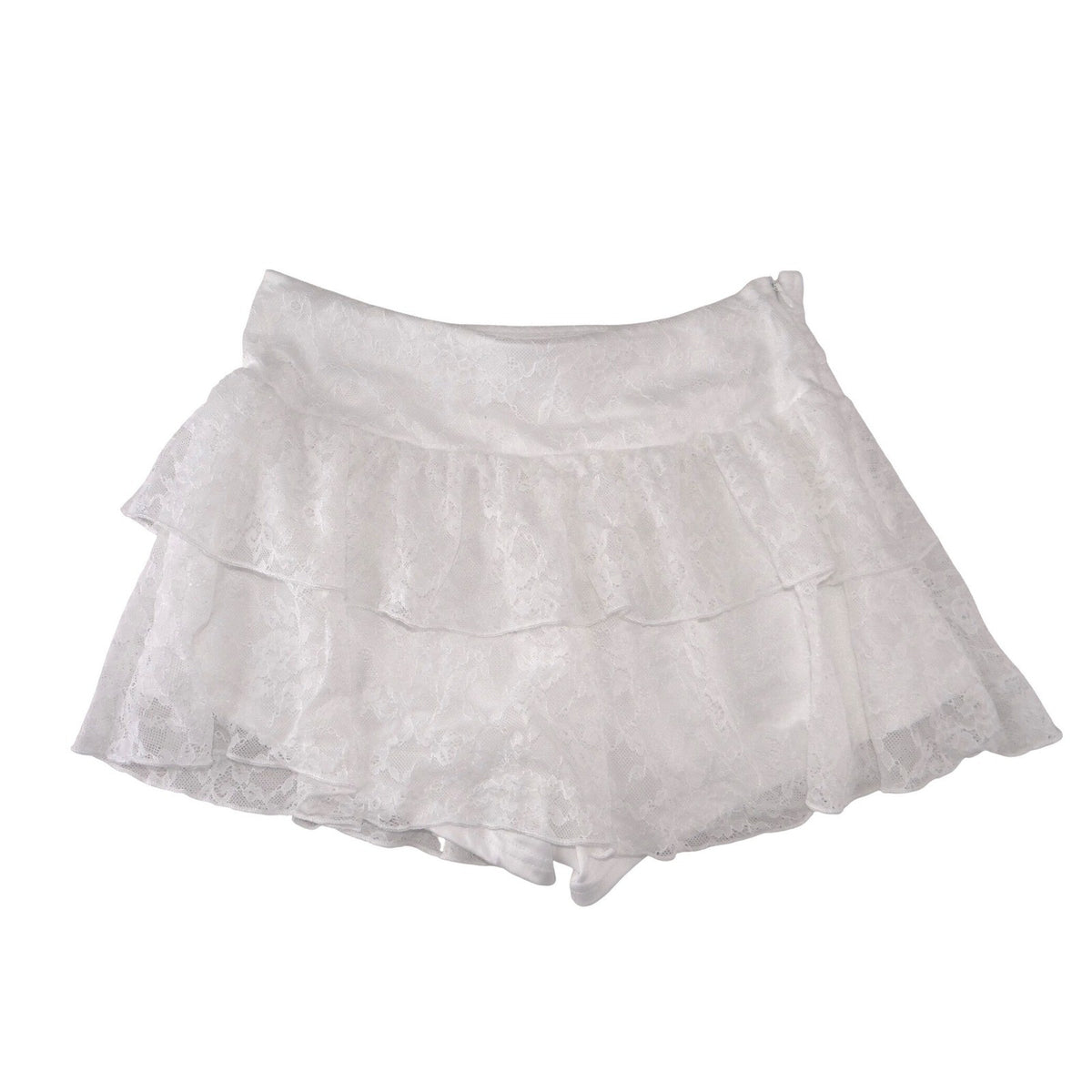 Womens White Floral Lace Tiered Ruffle Skort Side Zip Mini Skirt Shorts