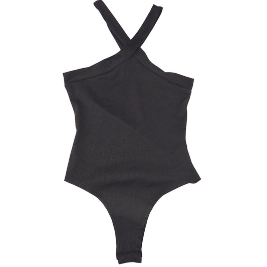 Fresral Womens Ribbed Halter Bodysuit Black Criss Cross Neck Sleeveless Small0