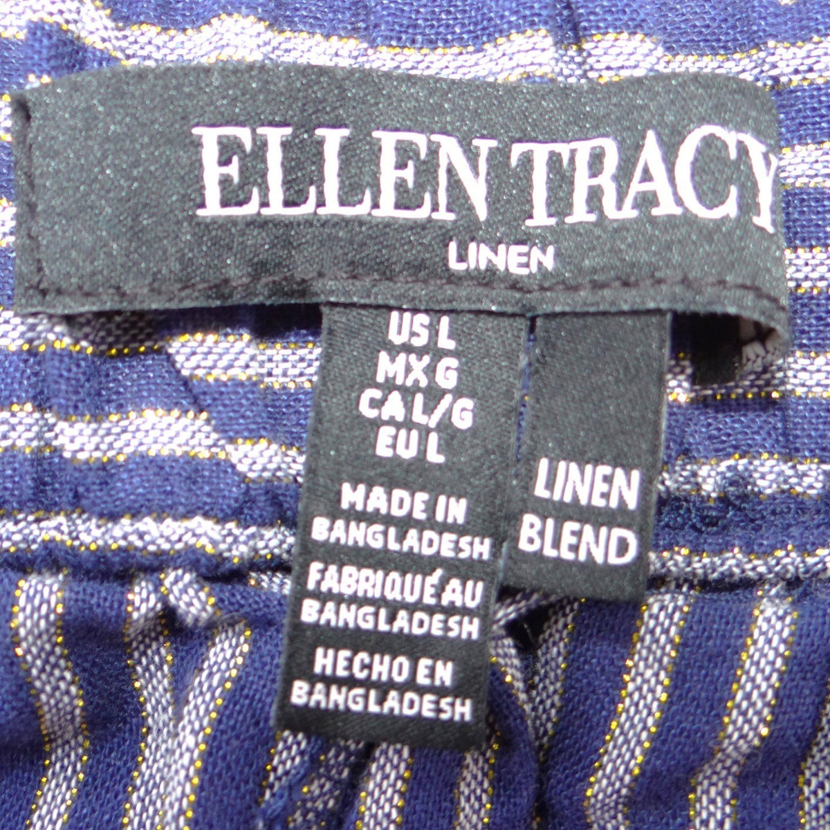 NWT-Ellen Tracy Linen Striped Drawstring Pants Navy Gold Metallic Joggers L1