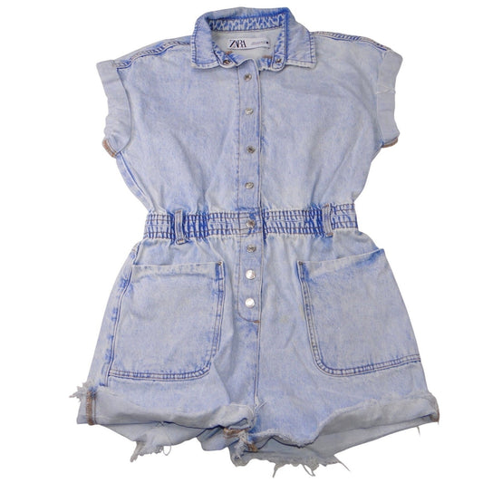 ZARA Acid Wash Denim Collared Button Front Elastic Waist Shortall Romper Size S