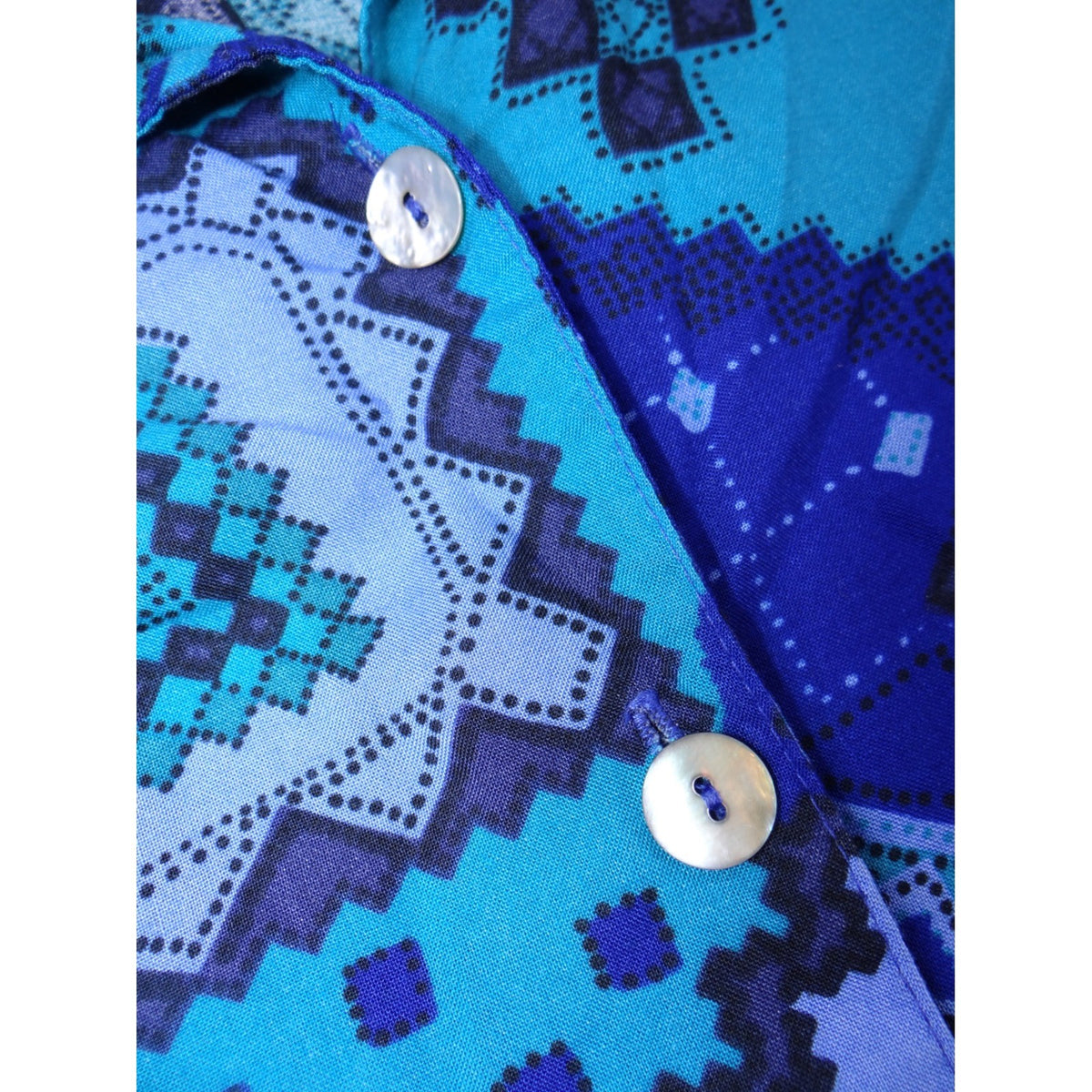 VTG Maygene Geometric Print Short Sleeve Button Up Shirt Women's Size Small Blue