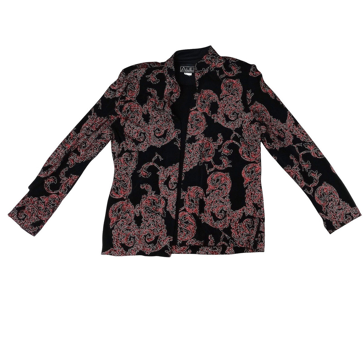 Vintage ALEX EVENINGS Black Red Paisley Sparkle Glitter Blazer Jacket Women Sz L0